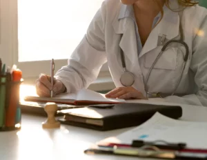Femme médecin avec blouse blanche et stéthoscope écrivant sur un carnet